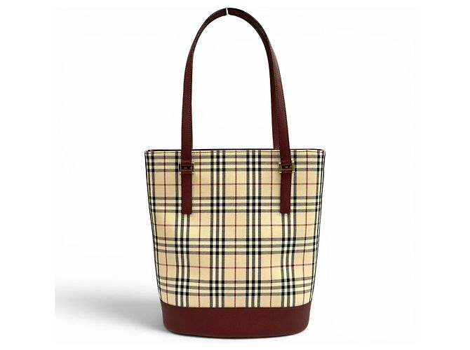 Borsa Tote in pelle Burberry Vintage Logo Nova Check Pattern Beige Bordò - vista 3