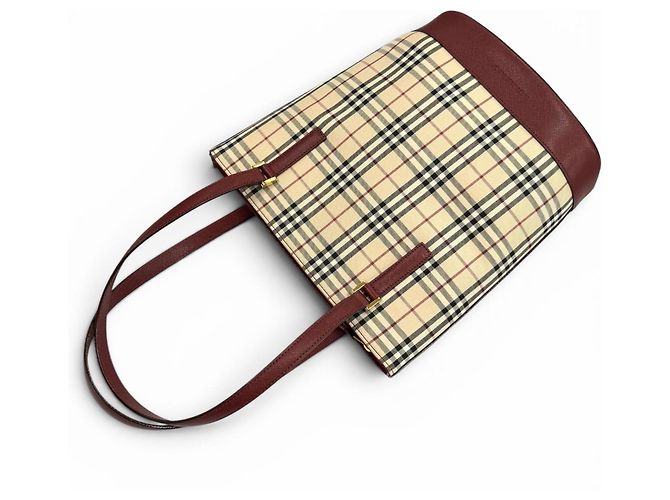 Borsa Tote in pelle Burberry Vintage Logo Nova Check Pattern Beige Bordò - vista 8