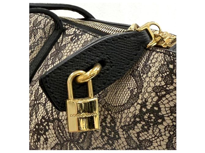 Dolce & Gabbana Leder-Tote-Bag mit Spitzenprint Schwarz Beige - Ansicht 10