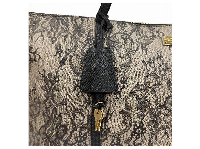 Dolce & Gabbana Leder-Tote-Bag mit Spitzenprint Schwarz Beige - Ansicht 11