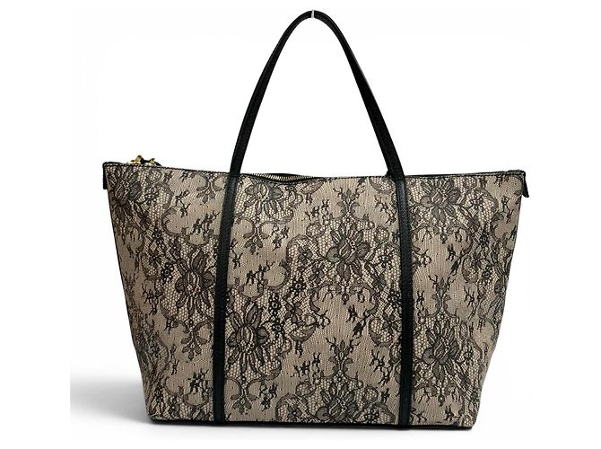 Dolce & Gabbana Leder-Tote-Bag mit Spitzenprint Schwarz Beige - Ansicht 2