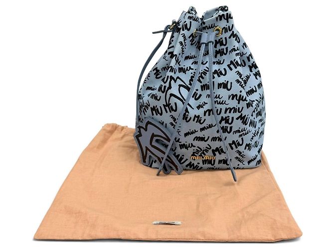 Miu Miu MIUMIU 5RM008 Canvas Logo Print Bird Motif Drawstring Bag Schwarz Hellblau - Ansicht 2