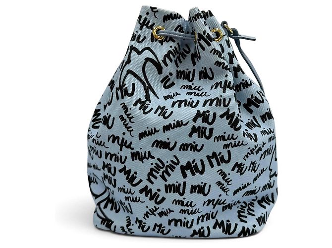 Miu Miu MIUMIU 5RM008 Canvas Logo Print Bird Motif Drawstring Bag Schwarz Hellblau - Ansicht 3