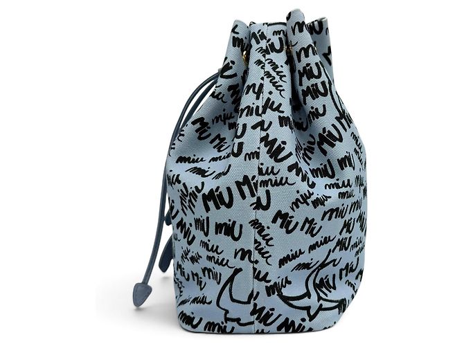 Miu Miu MIUMIU 5RM008 Canvas Logo Print Bird Motif Drawstring Bag Schwarz Hellblau - Ansicht 4