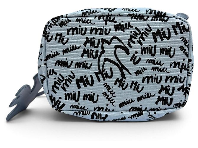 Miu Miu MIUMIU 5RM008 Canvas Logo Print Bird Motif Drawstring Bag Schwarz Hellblau - Ansicht 5