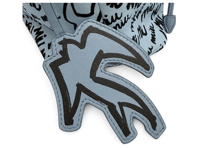 Miu Miu MIUMIU 5RM008 Canvas Logo Print Bird Motif Drawstring Bag Schwarz Hellblau - Ansicht 7