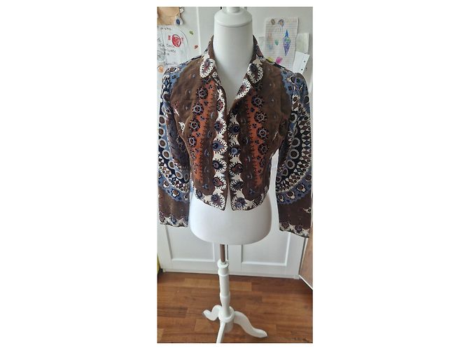 Emilio Pucci Vintage Samt Crop Blazer Braun Weiß Blau Orange - Ansicht 2