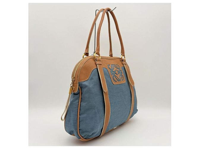 Borsa Boston Loewe Anagram in Beige e Blu - vista 4