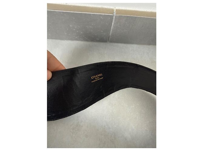 Cinto largo Chanel preto em couro e lona com fivela CC dourada Dourado - vista 3