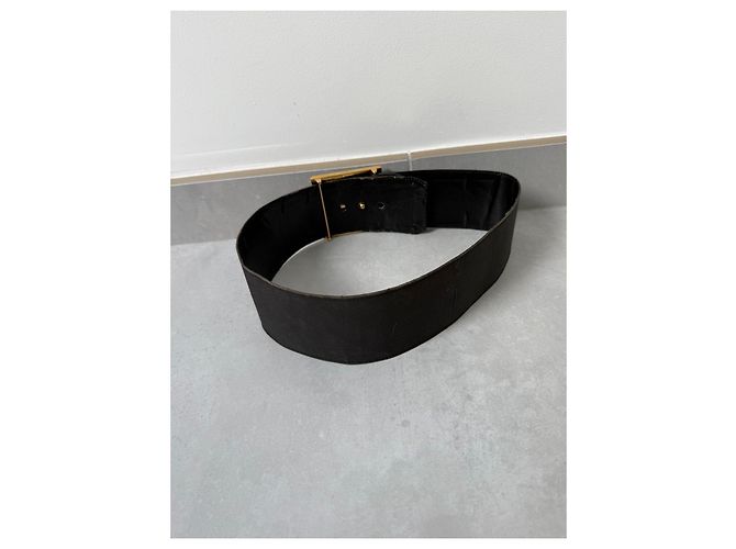 Cinto largo Chanel preto em couro e lona com fivela CC dourada Dourado - vista 7