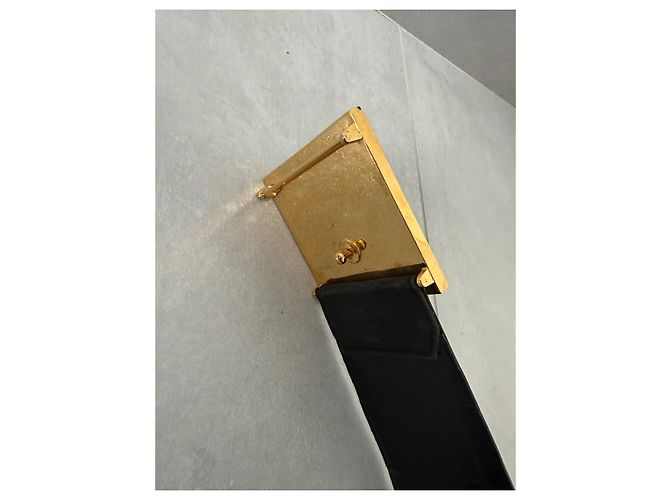 Cinto largo Chanel preto em couro e lona com fivela CC dourada Dourado - vista 8