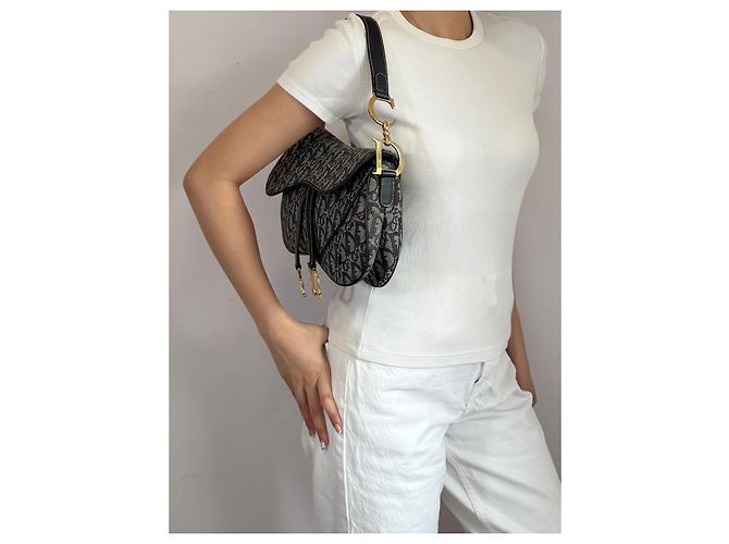 Christian Dior Borsa Double Saddle Navy Trotter Oblique Blu scuro Gold hardware Monogramma - vista 20