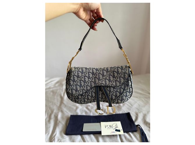 Christian Dior Borsa Double Saddle Navy Trotter Oblique Blu scuro Gold hardware Monogramma - vista 3
