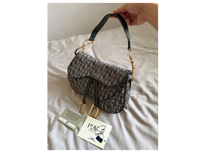 Christian Dior Borsa Double Saddle Navy Trotter Oblique Blu scuro Gold hardware Monogramma - vista 5