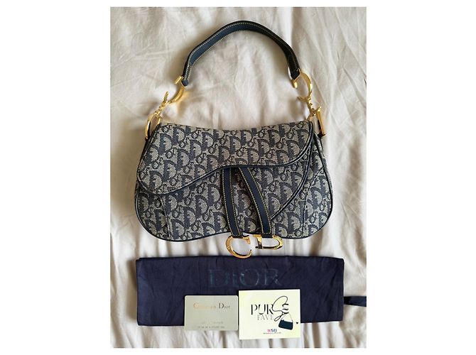 Christian Dior Borsa Double Saddle Navy Trotter Oblique Blu scuro Gold hardware Monogramma - vista 6