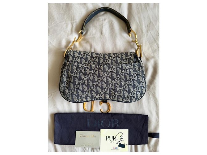 Christian Dior Borsa Double Saddle Navy Trotter Oblique Blu scuro Gold hardware Monogramma - vista 7