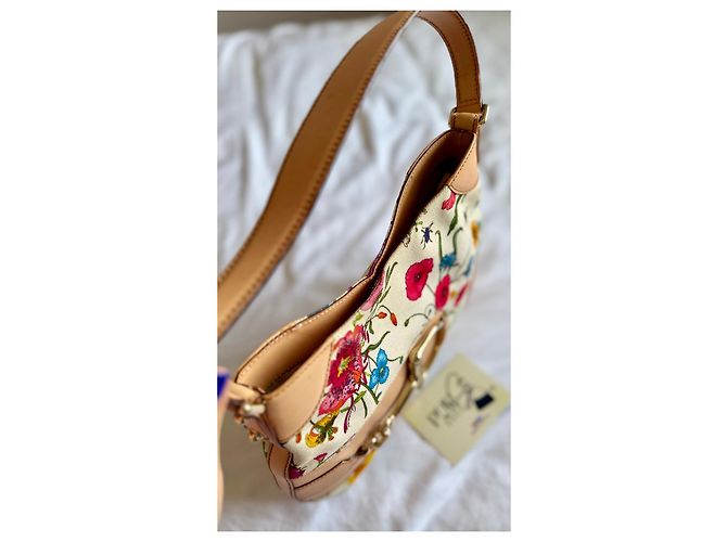 Gucci Hasler Flora Canvas Hobo-Tasche Pink Weiß Rot Blau Mehrfarben Beige Grün Lila Gelb Gold hardware - Ansicht 11