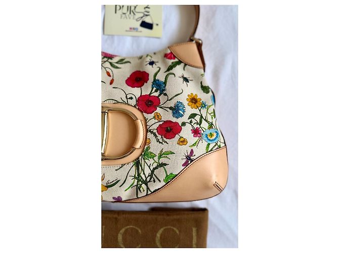 Gucci Hasler Flora Canvas Hobo-Tasche Pink Weiß Rot Blau Mehrfarben Beige Grün Lila Gelb Gold hardware - Ansicht 3
