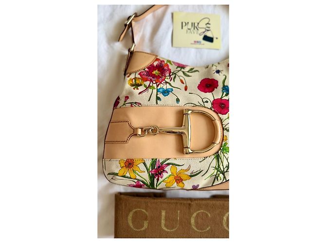Gucci Hasler Flora Canvas Hobo-Tasche Pink Weiß Rot Blau Mehrfarben Beige Grün Lila Gelb Gold hardware - Ansicht 4