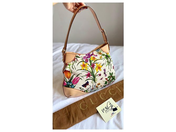 Gucci Hasler Flora Canvas Hobo-Tasche Pink Weiß Rot Blau Mehrfarben Beige Grün Lila Gelb Gold hardware - Ansicht 6