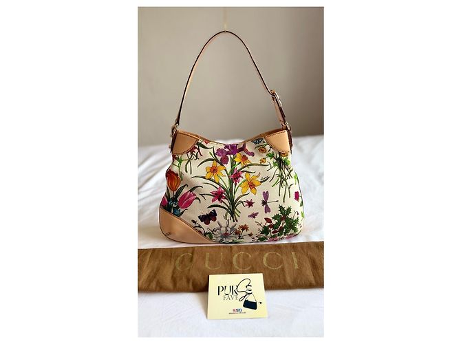 Gucci Hasler Flora Canvas Hobo-Tasche Pink Weiß Rot Blau Mehrfarben Beige Grün Lila Gelb Gold hardware - Ansicht 8
