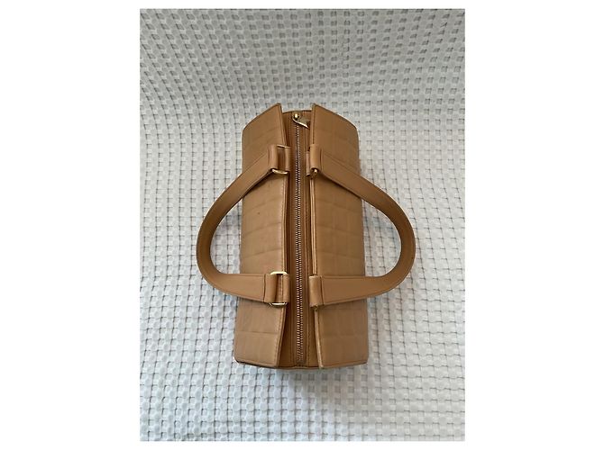 Bowling Borsa Polochon Chanel Choco Bar in pelle matelassé Cammello - vista 6