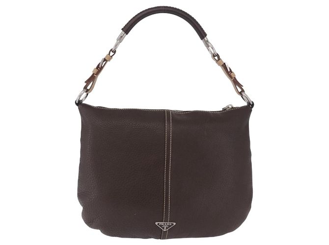 Bolsa de Ombro PRADA em Couro Marrom Prata Auth am12574V - vista 13