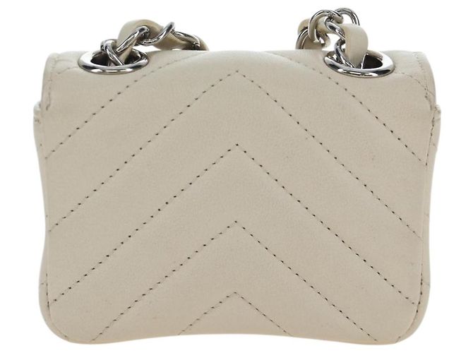 Borsa CHANEL Classic Mini Chain Bag V-stitch in pelle d'agnello Beige Argento CC Auth bs36939M - vista 3