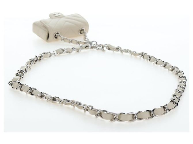 Borsa CHANEL Classic Mini Chain Bag V-stitch in pelle d'agnello Beige Argento CC Auth bs36939M - vista 8