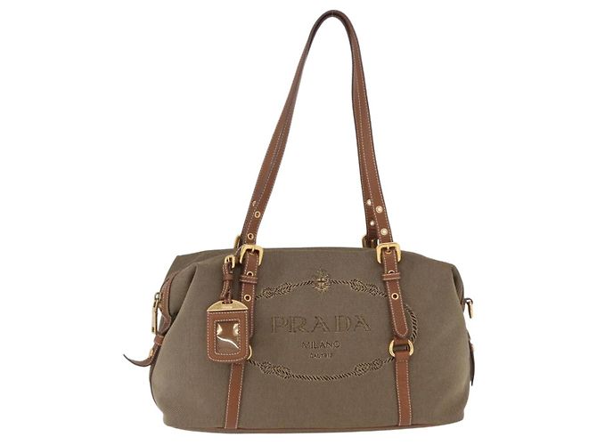 Saco Tote PRADA Canvas Jacquard Beige Gold Auth 200549M Bege Dourado - vista 13