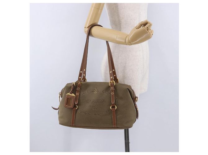Saco Tote PRADA Canvas Jacquard Beige Gold Auth 200549M Bege Dourado - vista 24