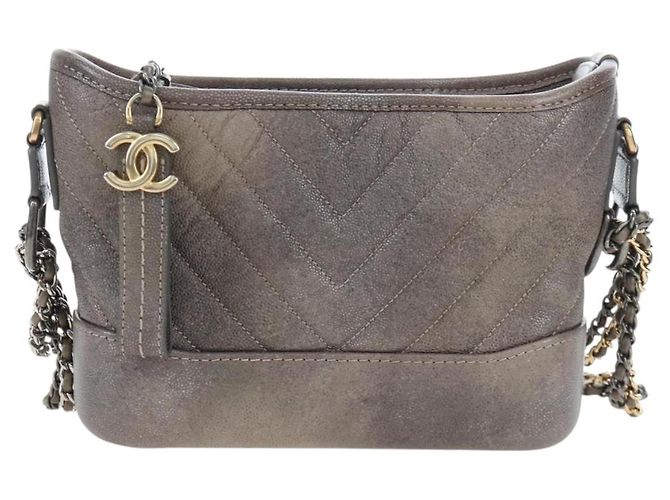 Borsa a tracolla CHANEL Chain Gabriel De V Stitch in pelle caviar grigia CC Auth 203252V Marrone - vista 13