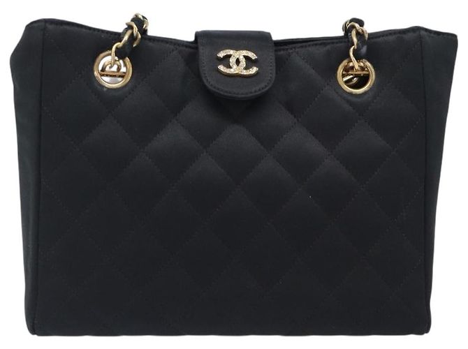 Borsa a tracolla CHANEL Matelasse con catena in raso nero con CC dorato Auth 200529V D'oro - vista 13