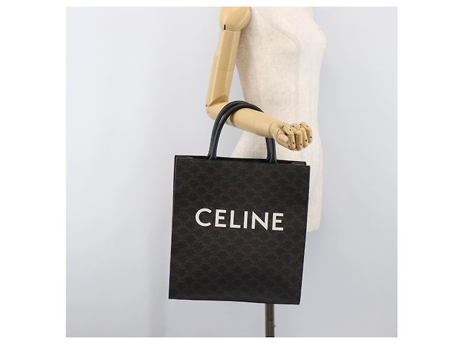 Céline Borsa a Mano CELINE Macadam Vertical Cabas PVC Pelle Marrone Tono Oro Auth 202827A - vista 21