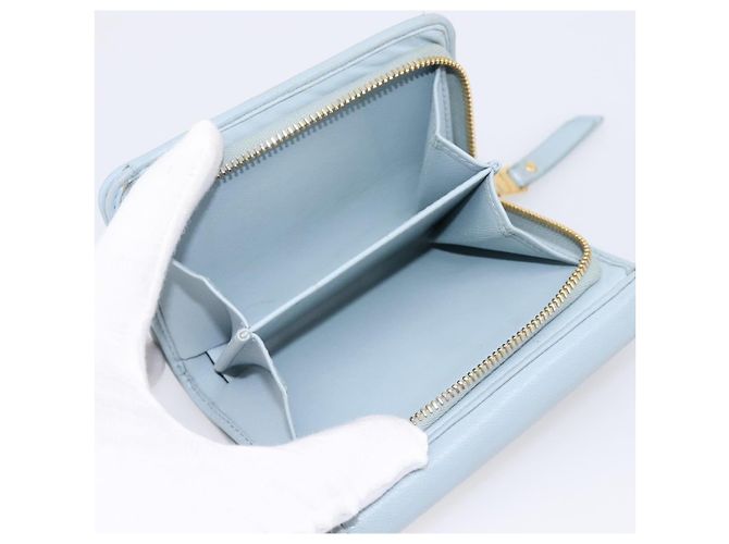 Miu Miu Matelasse Bifold Wallet Leather Light Blue Gold Auth 203339M Golden - view 10