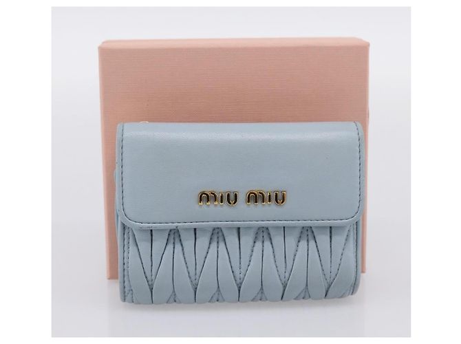 Miu Miu Matelasse Bifold Wallet Leather Light Blue Gold Auth 203339M Golden - view 12