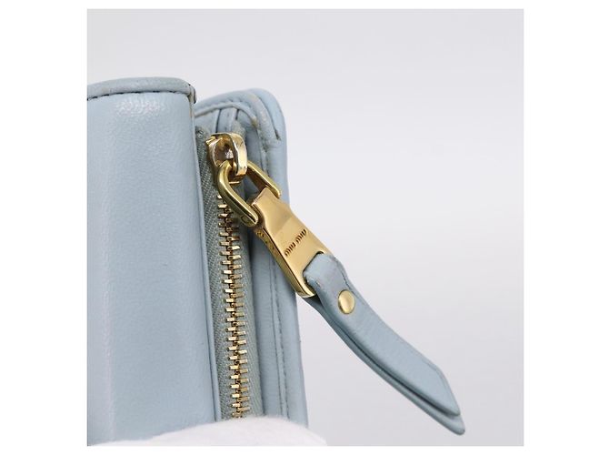 Miu Miu Matelasse Bifold Wallet Leather Light Blue Gold Auth 203339M Golden - view 24