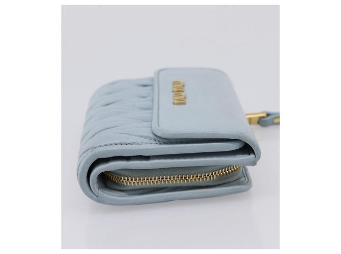 Miu Miu Matelasse Bifold Wallet Leather Light Blue Gold Auth 203339M Golden - view 4
