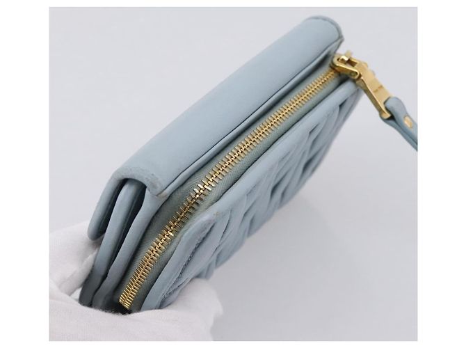 Miu Miu Matelasse Bifold Wallet Leather Light Blue Gold Auth 203339M Golden - view 5