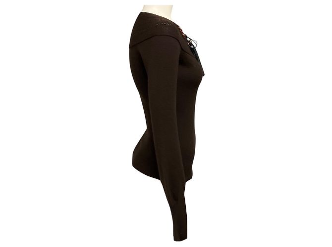 Gucci brauner Wollstrickpullover mit Verzierungen und Quasten-Details - Ansicht 2