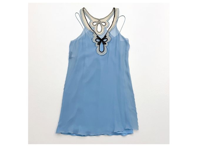 Alberta Ferretti Hellblaues Besticktes Seiden-Minikleid Schwarz Weiß - Ansicht 3