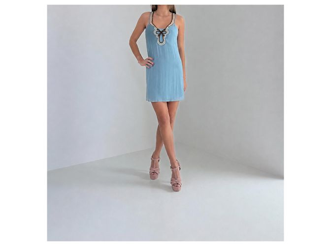 Alberta Ferretti Hellblaues Besticktes Seiden-Minikleid Schwarz Weiß - Ansicht 5