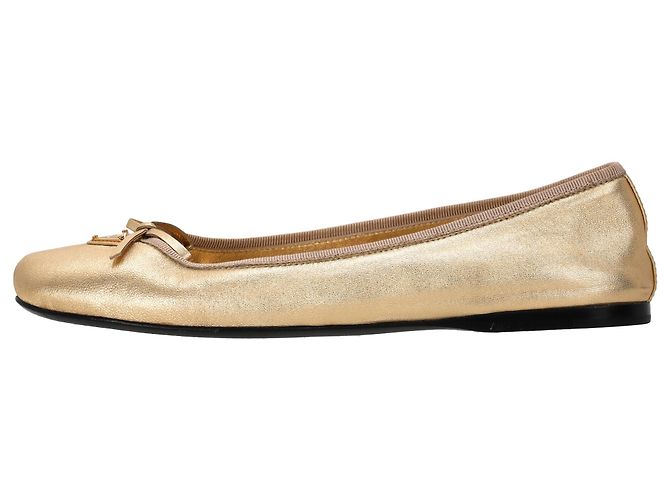 Prada Logo-Plaque Bow Ballet Flats in Metallic Gold Leather Golden - view 2