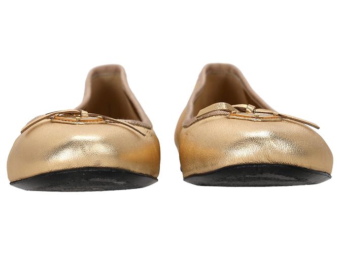 Prada Logo-Plaque Bow Ballet Flats in Metallic Gold Leather Golden - view 4