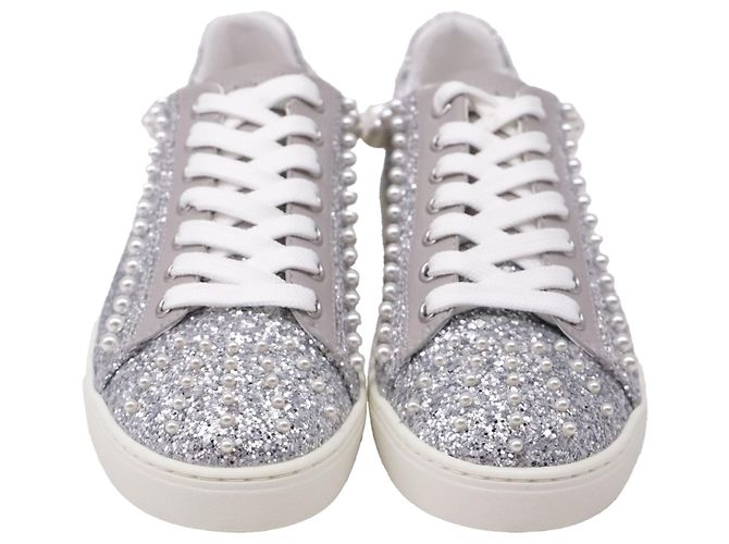 Sapatilhas Stuart Weitzman Goldie com pérolas sintéticas em Silver Glitter Prata - vista 2