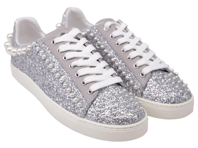 Sapatilhas Stuart Weitzman Goldie com pérolas sintéticas em Silver Glitter Prata - vista 3