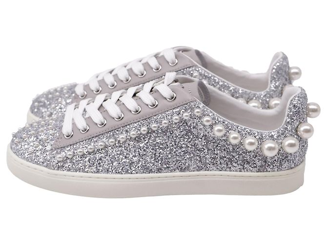 Sapatilhas Stuart Weitzman Goldie com pérolas sintéticas em Silver Glitter Prata - vista 4