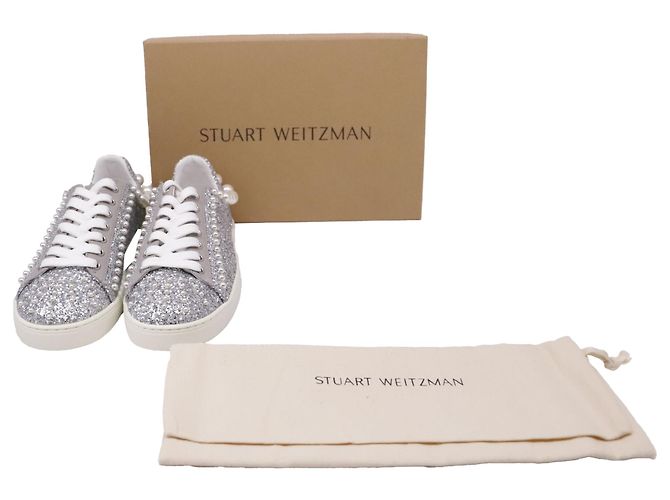 Sapatilhas Stuart Weitzman Goldie com pérolas sintéticas em Silver Glitter Prata - vista 6