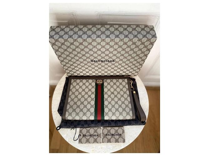 Balenciaga x Gucci The Hacker Project Clutch Monogramma BB Marrone Rosso Beige Verde - vista 8