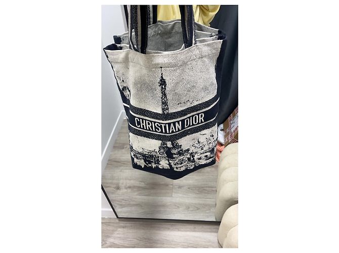 Borsa Tote Christian Dior in Tela Nero Bianco - vista 13